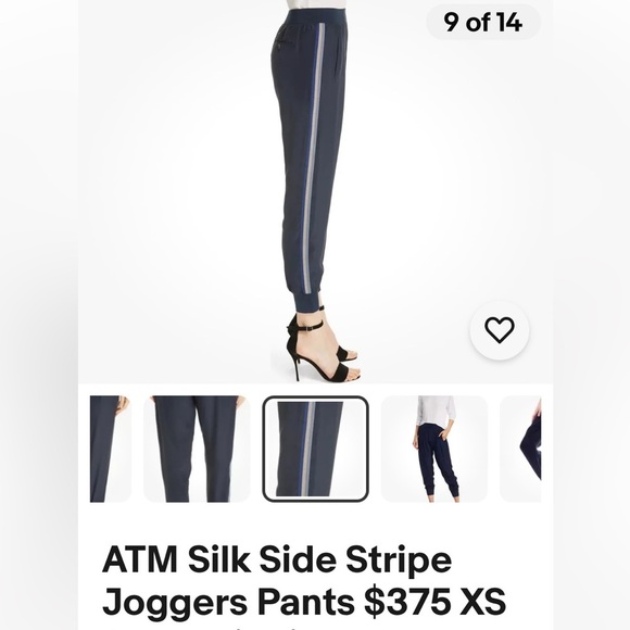 ATM 100% silk gray joggers with blue stripes. Flat front elastic back and hem. - Picture 1 of 15
